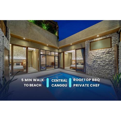 Luxury 2BR - Central Canggu - Rooftop & BBQ - Private Cook - Walk to Beach