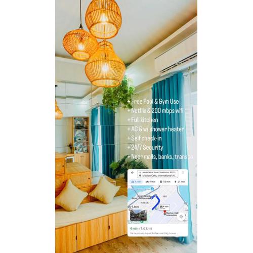 Modern Studio 4 Minutes from Mactan-Cebu Airport, Pool, Wi-Fi & Kitchen