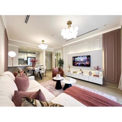 Stylish JVC 2BR Stay with Guest Room Rose Gold Accents
